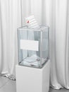 A ballot box with ballots for voting against a background of white fabric. Presidential or parliamentary elections.