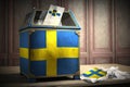 Ballot box with flag of Sweden and voting papers. Swedish presid