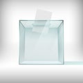 Ballot box. Glass transparent voting container with falling ballot paper. Survey plastic case, usa 2020 president election 3d