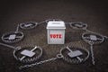 Ballot box surrounded by Metal bear trap demonstrating voting issue. 3D illustration.