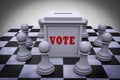 Ballot box surrounded by pawns demonstrating voting issue. 3D illustration.