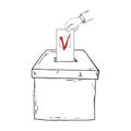 Ballot box. Vector box for vote. Ballot box for voting in elections hand drawn. Hand holds a voting ballot wit