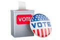 Ballot box with vote badge. Election in the USA, concept. 3D rendering