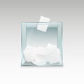 Ballot box with voting forms. Transparent glass container with pieces of paper political referendum