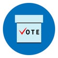 Ballot box with word VOTE on blue circle backdrop