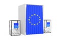 Ballot Boxes near White Voting Booth with Curtain and European Union Flag. 3d Rendering