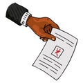 Ballot holds the hand of an African American. Vector illustration of a ballot in the hand of a man. Hand wrist holds a blank with Royalty Free Stock Photo