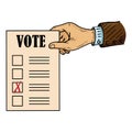 Ballot holds the hand of an African American. Vector illustration of a ballot in the hand of a man. Royalty Free Stock Photo