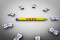 Ballot pencil surrounded by sharpeners demonstrating voting issue. 3D illustration.