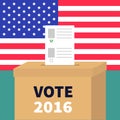 Ballot Voting box with paper blank bulletin concept. Polling station. President election day Vote 2016. American flag on the Royalty Free Stock Photo