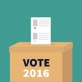 Ballot Voting box Paper blank bulletin with green mark concept. Polling station. President election day Vote 2016 white black text