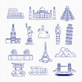 Ballpoint drawing international country linear landmark vector on notebook page