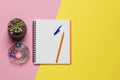 Ballpoint pen, notebook and different clips on color background, flat lay Royalty Free Stock Photo