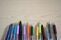 Ballpoint Pens on wooden table Royalty Free Stock Photo