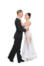 Ballrom dance couple in love, holding hands isolated on white bachground Royalty Free Stock Photo