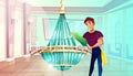 Ballroom chandelier cleaning vector illustration