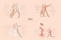 Ballroom dancers performance, graceful couples dancing tango, rumba, foxtrot, passionate flamenco banner