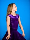 Ballroom dancewear fashion concept. Kid dancer satisfied with concert outfit. Clothes for ballroom dance. Ballroom
