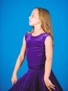 Ballroom dancewear fashion concept. Kid dancer satisfied with concert outfit. Clothes for ballroom dance. Ballroom