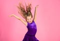 Ballroom latin dance hairstyles. Kid girl with long hair wear dress on pink background. Things you need know about