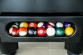 Balls of American Pool or Snooker billiard game any of various games played on green flannel table Royalty Free Stock Photo