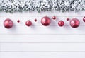 Balls baubles snow of Merry Christmas and Happy New Year decoration for celebration on white wood background with copy space Royalty Free Stock Photo