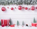 Balls baubles snow of Merry Christmas and Happy New Year decoration for celebration on white wood background with copy space Royalty Free Stock Photo