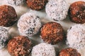Balls Brownie candy in cocoa and coconut, sugar free, diet. Top view