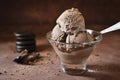 Balls of chocolate ice cream sprinkled with chocolate chip crumbs in a glass bowl Royalty Free Stock Photo