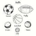 Balls collection. Soccer, Rugby, Basketball, Cricket, Golf, Tennis. Ink black and white doodle drawing