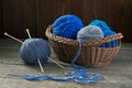 Balls of colored yarn in a basket on a wooden table