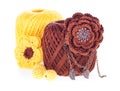 Balls of cotton knitting yarn with brooch, beads
