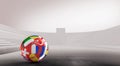 Balls with Europe countries and European flags in the stadium. Royalty Free Stock Photo