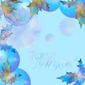 Spheres shining with a holly branch. Happy New Year card.Blue balls with the flower and openwork image. Background