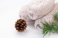 Balls of gray yarn, pinecone, spruce branch on a white background. Knitting, sewing, needlework, hobby, leisure