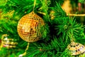 Balls on a green Christmas tree. Decoration for new year and christmas. Close-up Royalty Free Stock Photo