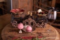 Balls of ice cream from beets and meat in an old ice-cream bowl on the background of steaks seasoned beef on vintage scales