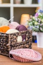 Balls of knitting yarns in the basket Royalty Free Stock Photo