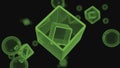 Balls move around rotating 3d squares. Design. Animated cyber figures move and rotate in space. 3D cube rotates with