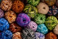 Balls of multi-colored yarn. The concept of needlework, knitting.