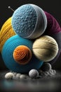 Balls of multicolored wool stacked on a dark background, different types of wool. Illustration. Generative AI Royalty Free Stock Photo