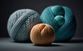 Balls of multicolored wool stacked on a dark background, different types of wool. Illustration. Generative AI Royalty Free Stock Photo