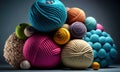 Balls of multicolored wool stacked on a dark background, different types of wool. Illustration. Generative AI Royalty Free Stock Photo