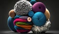 Balls of multicolored wool stacked on a dark background, different types of wool. Illustration. Generative AI Royalty Free Stock Photo