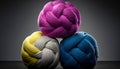 Balls of multicolored wool stacked on a dark background, different types of wool. Illustration. Generative AI Royalty Free Stock Photo