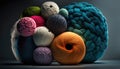 Balls of multicolored wool stacked on a dark background, different types of wool. Illustration. Generative AI Royalty Free Stock Photo