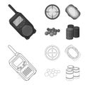 Balls with paint and other equipment. Paintball single icon in outline,monochrome style vector symbol stock illustration