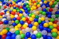 Balls in playground for colorful background. Dry plastic pool with many small balls for play. Pattern with plastic color balls in