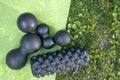 Balls and roller for myofascial relaxation. Equipment for MFR. Tools for self-massage on the grass