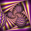 Balls are rolling on four-sleeved spiral of color stripes. Moving optical illusion vector abstraction